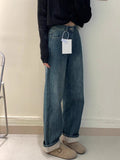 Dark Blue Plus Velvet Jeans Children New Spring And Autumn High-Rise Thin Small Narrow Version Of Straight Broad Leg Pants Winter