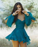 2025 Spring Women's Dress Sexy Hottie Skylit Lantern Sleeve V Collared Shoulder Dress