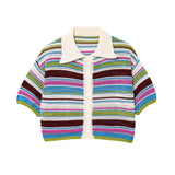 Women's 2025 New Crochet POLO Shirt Collar Striped Crochet Shorts Set