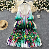 High-End Elegant Dress Women Fashion Nail Ball Collar Hollow Pressure Folding Lantern Sleeves To Print Long Skirt