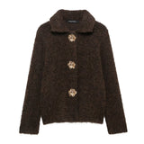 2025 Women's Autumn And Winter New Fashion Flower-Shaped Buckle Knitted Sweater Cardigan Jacket