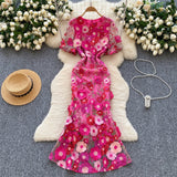 French High-End Elegant Heavy Industry Flower Embroidery Round Collar Lantern Sleeves To Close The Waist Slim Slimmed Fishtail Dress Dress