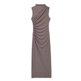 Women's Clothing 2025 Spring New Sleeveless Wrinkles Decorated Semi-High Collar Net Fan Flute Dress