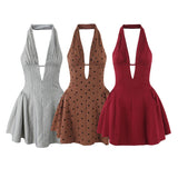 Short Dress Body With Bare Back Hanging Neck Dress Female Hollow Deep V-Necked Minority French Folded A-Word Mini-Skirt Dress Dress