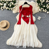 French Gentle Wind Three-Dimensional Flower Collar Long Sleeve Knitted Mesh Tau Coop Ponopne Irregular Fairy Dress