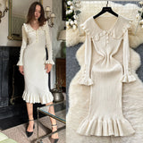Autumn New Retro Bumpy Dolls To Receive Waist Knitted Dress Female Elastic Temperament Lotus Leafy Dress