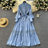 French High-End Retro Lace Splicing Pearl Single Buckle Thin Temperament Collar Lantern Sleeve Dress