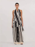 Middle Eastern Women's Fashion Casual Elegant Bare Back Set Striped Broad Leg Pants