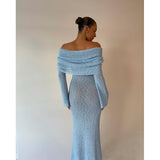 5 Color Beach Holiday Dress Knitted One-Word Long Dress Hooded Summer Women's Long Sleeve