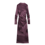 Women's Clothing 2025 Spring New Printing Mesh Collar Long Sleeve Folded Long Dress