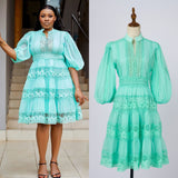 Solid-Color Dress Eugen Yarn Half-Open Lantern Sleeve Middle Sleeve Dress Lace Lace To Receive Waist Skirt