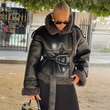 Autumn 2025 Women's Women's Women's Cozy Casual PU Lambs Solid Color Belt Jacket