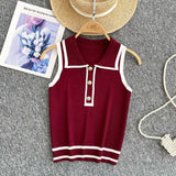 Minimalist Style Striped Knitted Sleeveless Vest Women's Summer Collar Slimming Design Chic Beautiful Little Man Top