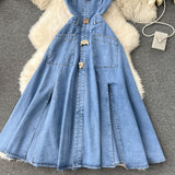 Design-Sensitive Large-Cuffless Vest Dress Women's Heart-Cuffed Long Retro Denim Dress Girl
