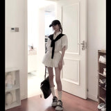 Korean White Polo Collar Long-Sleeved Shirt Top Spring High Waist Half-Dress Temperament Two-Set