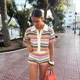 Z Autumn New Striped Printed Short Sleeve Clip Sleeve Casual Shorts Striped Knitted Sling Vests