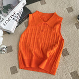Korean Chic Summer French Niche Polo Collar Sleeveless Knitted Top Girl Slime With Solid Color Vest