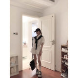 Korean White Polo Collar Long-Sleeved Shirt Top Spring High Waist Half-Dress Temperament Two-Set