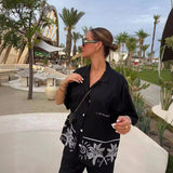 2025 Summer New Women's Collar Short-Sleeved Embroidered Shirt Tight High-Rise Straight Trouser Set High-Waist Design