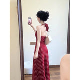 Fashion Casual Temperament Wave Point Print Hanging Neck V-Neck Dress Korean Waist Thin Dress