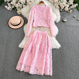Exquisite Two Sets Of Femininity Famous Lady Light Luxury Thin Lace Embroidery Nail Studded Dress Skirt 0415