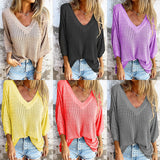 Special For The New T-Shirt Women's Hollow Long-Sleeved Knitted Shirt Languid Style Design V Collar Sunscreen Sexy Wind