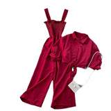 Holiday Wind Two Sets Of 2025 New Sling Folded Wide Leg Jumpsuit + Straight Short Sleeve Open-Sleeved Shirt Shirt Female Trend