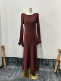 Autumn New Women's Pure-Colored Round-Neck Long Sleeves To The Wooden Ear Dress