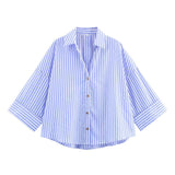 2025 Spring And Summer New Women's Fashion Casual Collar Striped Wide-Sleeved Shirt
