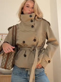Autumn 2025 New Design Collar Tie With Double Buckle Short Wind Coat Woman