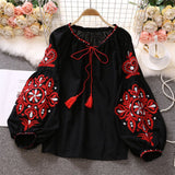 Tourist Vacation Retro National Style Embroidery With Esopre V-Neck Lantern Sleeve Shirt Shirt Women Loose Tide