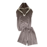 European Fashion Set Women's Summer Design Three-Dimensional Relief Hooded Sleeveless Knitted Tops High Waist Broad Leg Shorts