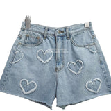 Sweet And Cute Hairy Heart Pattern Denim Shorts Women's Summer New High-Waisted Loose Thin Leg Shorts