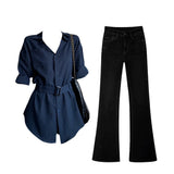 Korean Cool Tung Sister Wearing A Blue Waist Sunscreen Long-Sleeved Shirt Micro-Tpeak Trousers Set