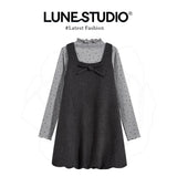 French Bow Flower Bud Vest Dress Half-High Collar Wood-Eared Bottoming Shirt Women Fashion Set