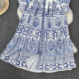 Spring And Autumn Retro Court Style Lotus Leaf Side V-Neck Single Buckle Lantern Sleeves To Close The Waist A Word Print Dress Woman