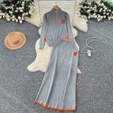 Extremely Simple Wind Bumpy Striped Knitted Sister Set With Long-Sleeved Sweater + High Waist Long Body Skirt Winter