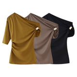 Sexy Bare Shoulder Metal Set Asymmetric Top 2025 Spring And Summer Folding Trim Short-Sleeved Women's T-Shirt