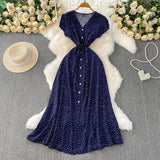 French Red Dot V-Neck Women's Short-Sleeved Dress Summer Single Buckle Tie With Thin A-Word Mid-Long Dress
