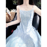 Seaside Vacation Light Blue Mesh Sling Dress Women's New Gentle Wind White Beach Floral Dress