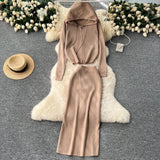 Autumn And Winter Casual Suit Female Fashion Hot Diamond Hooded Zip Open Shirt Sweater Jacket Knitted Hip Half-Dress