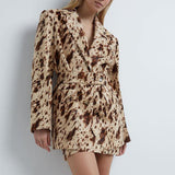Brown Print Long-Sleeved Blazer 2025 Autumn New Temperament Commuting Waist Jacket