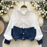 Spring Dress Korean Fashion Design With Bow Denim Spliced Long-Sleeved Shirt Women Loose Shirt Top