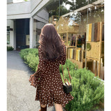 New Design-Sensitive Cocoa Wave Point Slashing Trumpet Sleeves Wave Dot Dress In Autumn 2025
