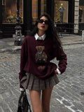 Round-Neck New Women's Bear Embroidered Retro Body Sweater College Style Knitted Shirt Top