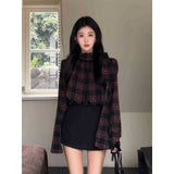 Design A Small Plaid Ribbon With Long-Sleeved Shirt Female High-Waisted Temperamental And Hip Short Skirt Two Sets