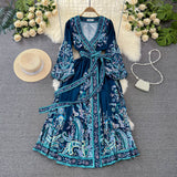 Vintage Court Lantern Long Sleeve V-Neck Belt With A Word Print Dress Elegant Swing Dress Long