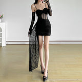 Fashion 2025 Autumn And Winter New Women's Dress French Hottie Sexy Sling Mesh Splicing Perspective Waist Dress