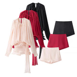 Pressed Folding Ribbon Design Loose Waist Mini Dress Shorts Set 2025 Spring And Summer Street Fashion Woman