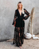 2025 New Women's Lace Long-Sleeved V-Neck Solid Chiffon Summer Dress